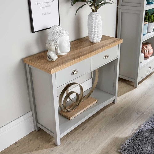 Grey Oak Console Table 2 Drawer Telephone Table Metal Handles Storage Seconds - Picture 6 of 10