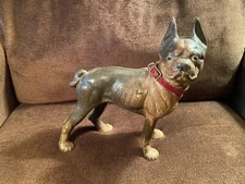 Vintage Boston Terrier Cast Iron Doorstop w/ Red Leather Collar (Hubley-style)