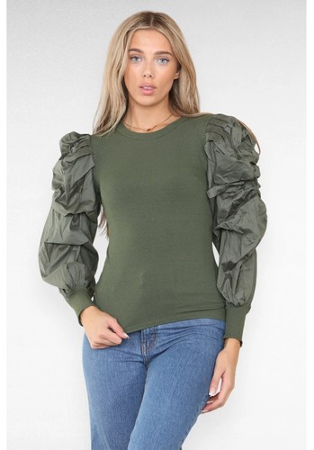Womens Ladies Oversized Long Balloon Puff Sleeve Ribbed Jumper Blouse Shirt Tops - Picture 15 of 15