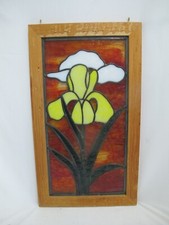 Yellow IRIS Flower Stained GLASS Wood Framed Window Hanging SUN CATCHER Panel