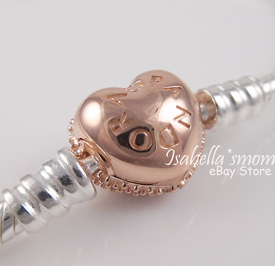 PAVE ROSE GOLD Plated HEART Clasp PANDORA Silver Bracelet 7.5