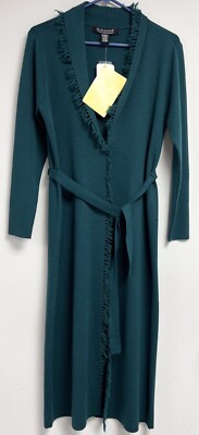 Full Length Cardigan Women's XS Dialogue QVC Green Wool Blend Knit Belt Fringe