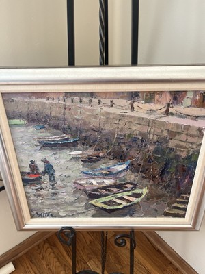 Vintage Beautiful Pierre Bittar Framed European Boat Waterfront Thick Oil Canvas
