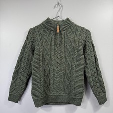Aran Sweater Market Sweater Kids 8-11 Years Green Wool 1/4 Zip Cable Knit