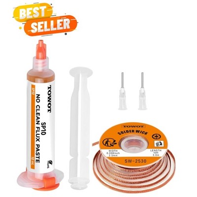 High-Performance 10ft Solder Wick and 10cc No-Clean Flux for Electronics Repair