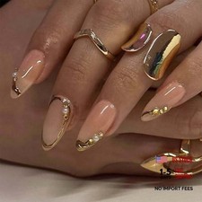 ONPRESS 24Pcs Gold Gilded French Tip Press on Nails - Medium Almond Fake Nails