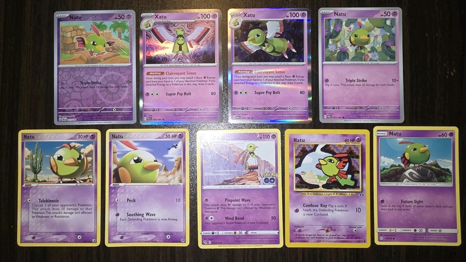 9 Natu & Xatu Pokémon Cards. Natu 69/100 & 59/75 are MP Others Are NM. 3 Holo