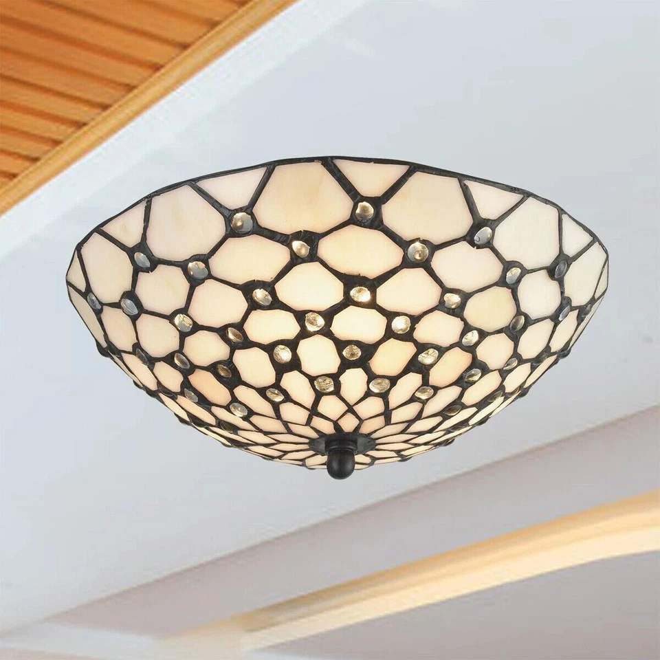 Luminária de teto 3 luzes semi nivelada arte bronze antiga sombra de vidro colorido - Imagem 3 de 4