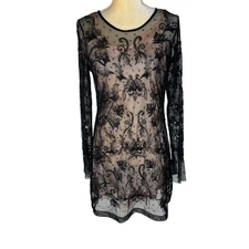 Single LA Black Floral Sequins Long Sleeve Sheer Mini Dress Size M Glam Luxury