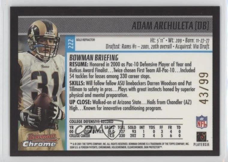 2001 Bowman Chrome Gold Refractor /99 Adam Archuleta #222 Rookie RC - Image 2 of 2