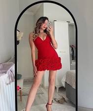 Zara Red Ruched Short Dress with Raised Flowers Size M Bloggers Fave 4772/336