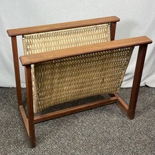 VINTAGE Mid Century Modern Danish Wood Teak Wicker Magazine Rack MCM