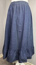 VTG Long Blue Denim Midi Length Skirt Frill Elastic Waist Western Boho Sz Small