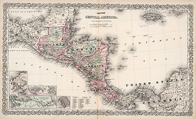 1866 Map Central America Guatemala Honduras Nicaragua Panama Wall Poster Vintage