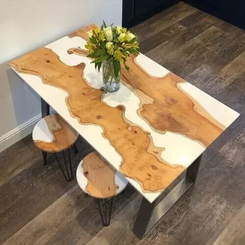 White Epoxy Wooden Table Top Dining Table Top, Epoxy Live Edge Table Home decor