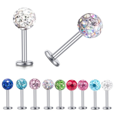 2pc 6mm-12mm Bar Steel Lip Monroe Labret 3/4/5mm Epoxy Crystal Ball Ear Piercing
