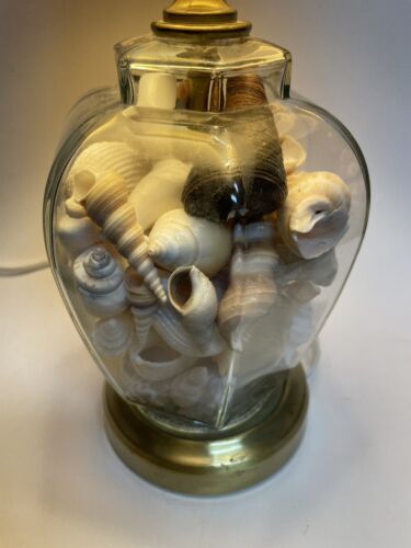 Vintage Seashell Filled Glass Lamp Beach Decor Beige Shade Pleated 16” - Picture 3 of 14