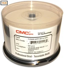 50-Pak CMC PRO (TY Technology) WATERSHIELD & GLOSSY White Inkjet Hub 16X DVD-Rs