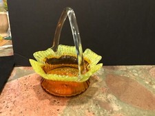 European Vaseline and Amber Glass Basket with applied clear Handle 8 tall