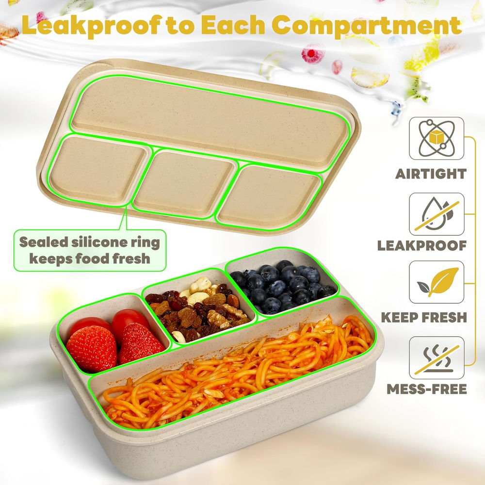 Wheat Straw Bento Lunch Box for Kids and Adults - 5.5 Cup Leakproof Container with 2 Compartments