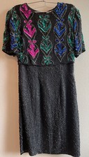 VTG Pure Silk Beaded Sequin Formal Party Knee Length Dress Size 12 INDIA Modest