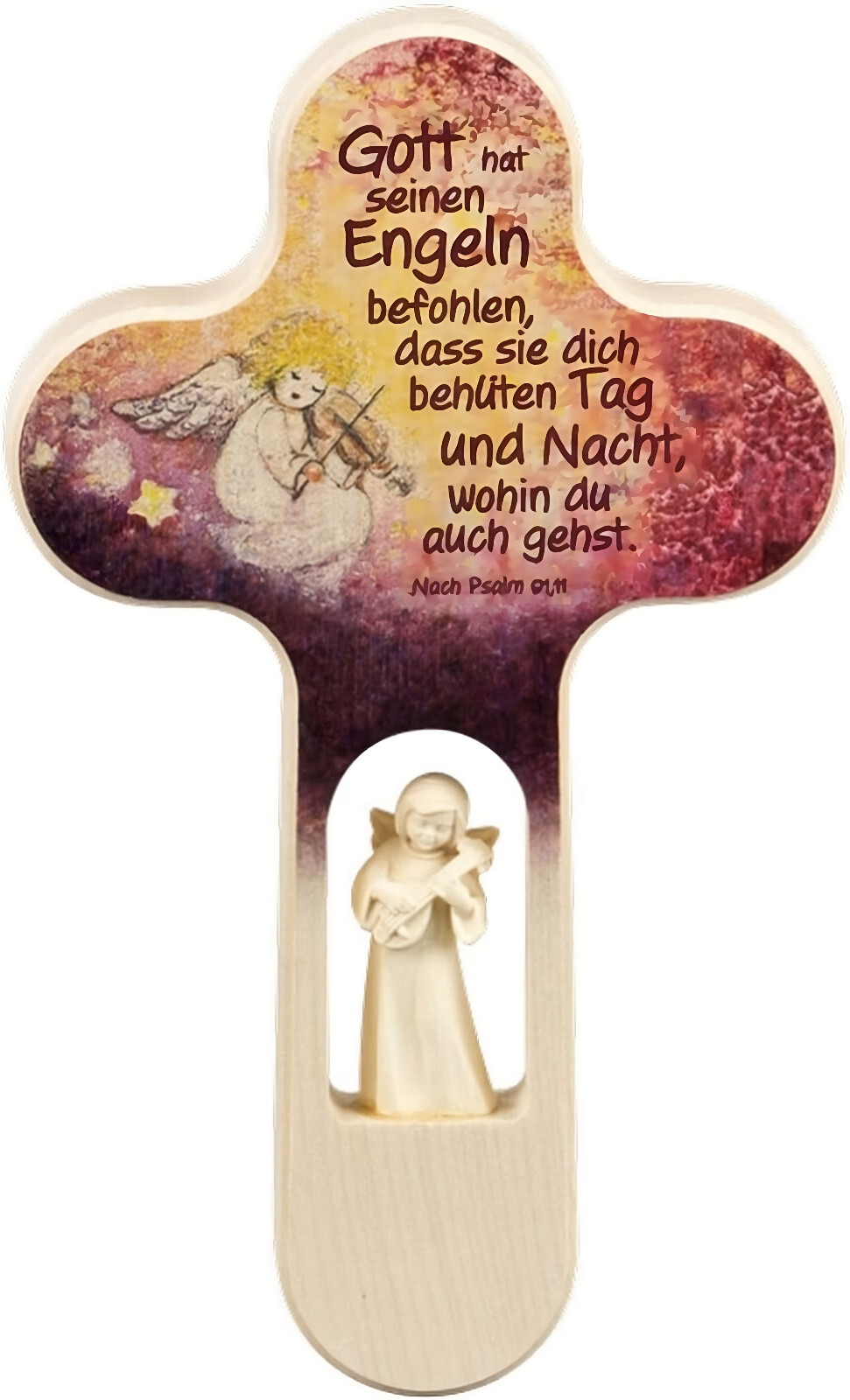 Holzkreuz mit Engel bemalt - Kruzifix, Wandkreuz, Taufkreuz, Kinderkreuz - NEU