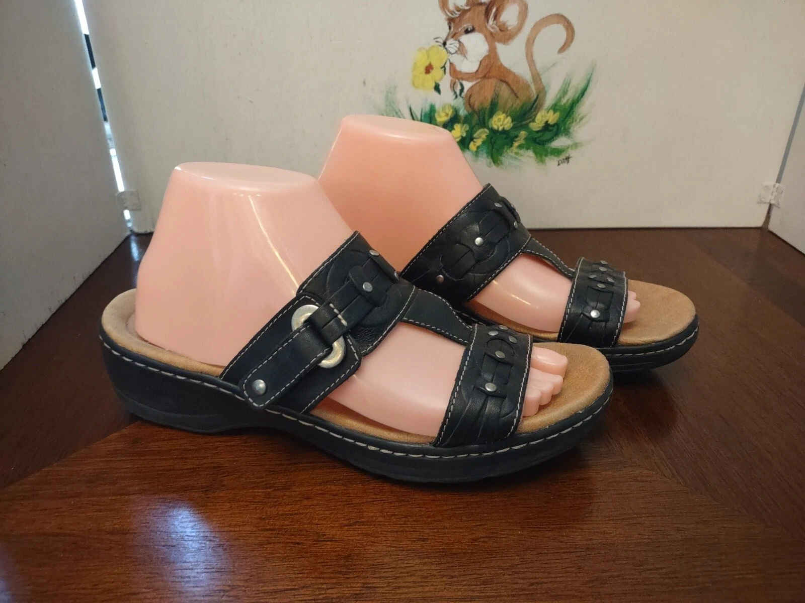 8.5 Clarks Cushion Soft Women Delana Macrae Sandals Black Leather Slip on