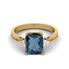 925 Sterling Silver Yellow Plated London Blue Topaz Three Stone Women Ring