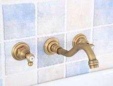 Antique Brass Bathroom Vanity Sink 3-Hole Two Handles Wall Mount Faucet Zsf528