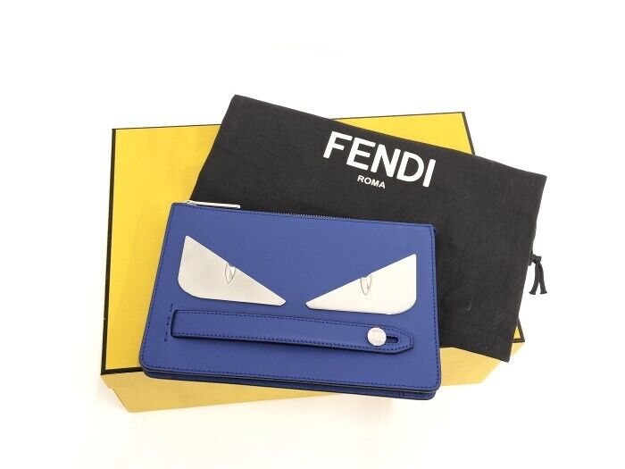 FENDI Monster Bug's Eye Clutch Bag Leather Blue Black 7VA350 FENDI Monster Bug's Eye Clutch Bag Leather Blue Black 7VA350