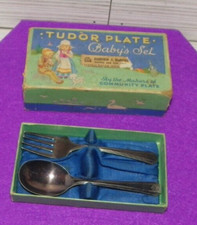 1920 s Era Tudor Plate Baby s Fork  Spoon Set W/ Original Box Oneida Community
