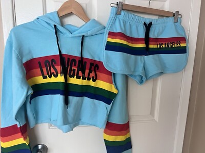 NWT Pop Surf Brooklyn 2pc Cropped Hoodie+ short Small L.A. Rainbow Stripes