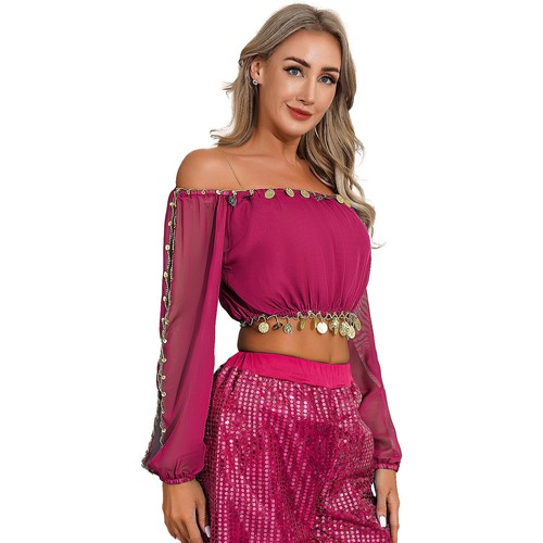 Womens Shiny Off Shoulder Tops Sequin Trims Chiffon Skirt Belly Dance Outfit - Picture 27 of 68