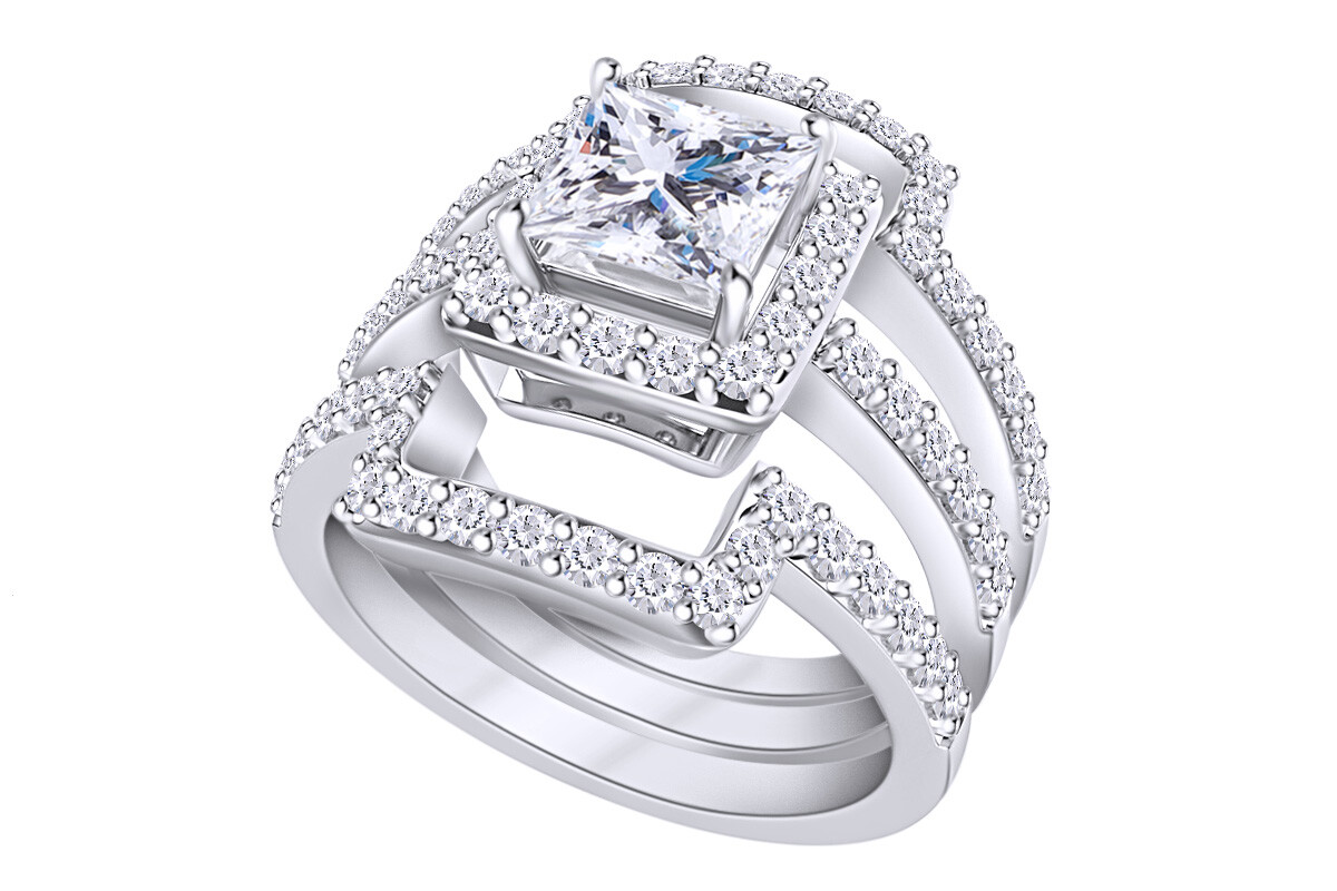 3 Pcs  Wedding Band Ring Set in 14K White Gold Plated Silver-image