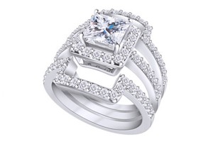 Authentic 3 Pcs Wedding Band Ring Set in 14K White Gold Plated Silver