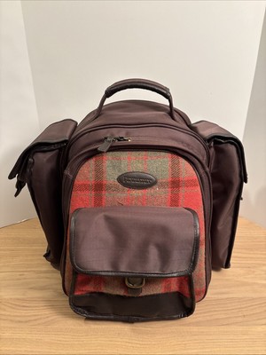 Vintage Pendleton Wool Picnic Backpack Brown Red With Plates UtensilsAnd Glasses