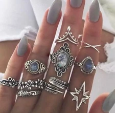 Women's Fashion Jewelry Silver Blue Flower Heart Bohemian Vintage Ring Set 97