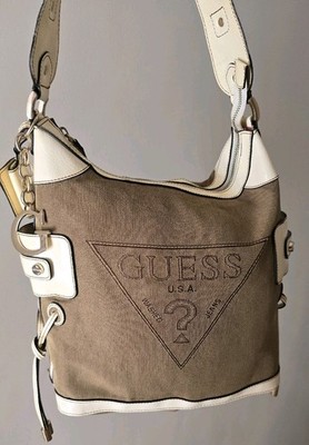 Vintage Guess Shoulder Bag Y2k Canvas Tote Bag Khaki White | eBay