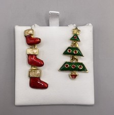 Christmas Tree Stocking Pierced Earrings Dangle Drop Gold tone enamel Chunky