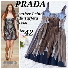 Archive Feather Printed Silk Vintage Prada 2005 Taffeta Dress Size 42 Italy JP