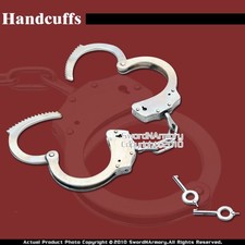 Steel Chain Double Lock Handcuffs Chrome With Spare Key Self Defense