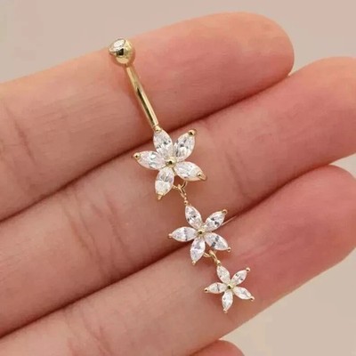 Marquise Cut Lab Created Diamond Flower Belly button Ring 14K Yellow Gold Plated