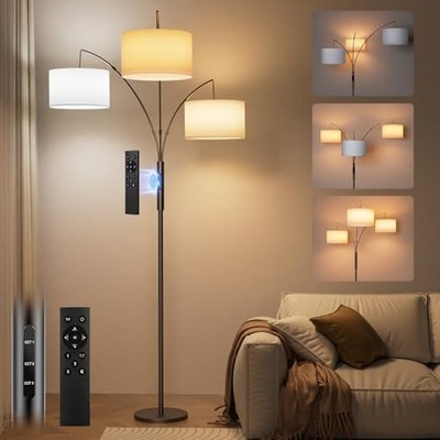 36W Dimmable Floor Lamp - 3 Lights Arc Floor Lamps Black-White Linen Lampshade