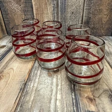 POTTERY BARN RED RIBBON HANDCRAFTED DRINKWARE SET OF 6 STEMLESS WINE GLASSES