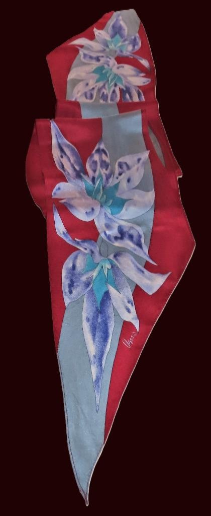 Vera Neumann obong scarf; floral; blue, raspberry, aqua, white; 72 x10; silk?