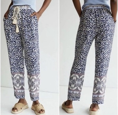 Anthropologie Ollari Tasseled Tapered Trouser Pants In A Blue Multi-Leopard Sz M