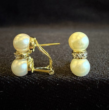 14K YELLOW GOLD - CULTURED PEARL (6.75MM) DIAMOND (0.05 Ct) OMEGA BACK EARRINGS