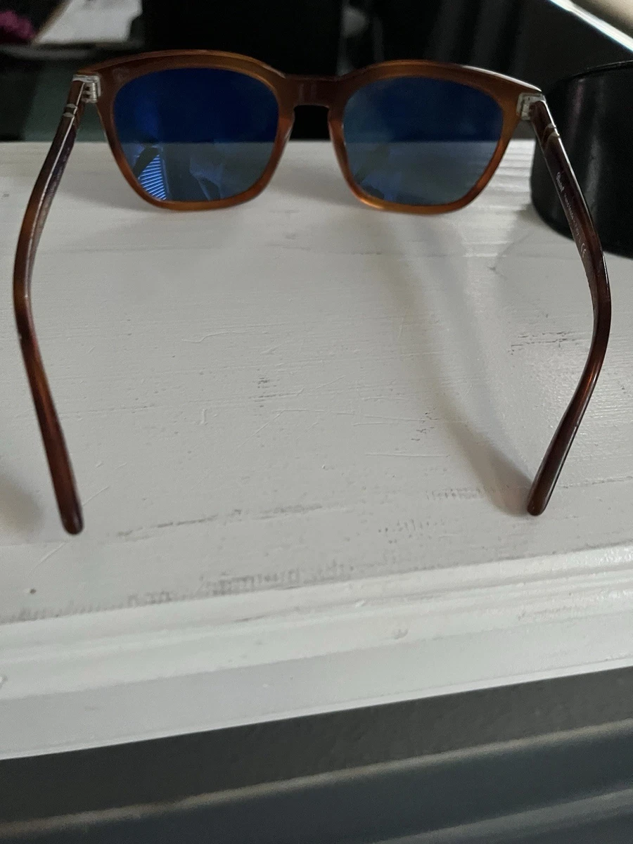 Persol Men's Rectangle Sunglasses Brown Plastic Frame Blue Tinted Lenses Case