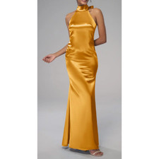 AW BRIDAL 2 XS mango yellow satin crystal halter Elliot gala maxi dress NEW 0B12