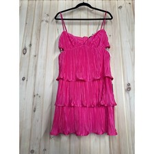 NWT Lulus Sleek Dedication Hot Pink Satin Plisse Cutout Tiered Mini Dress Sz XL